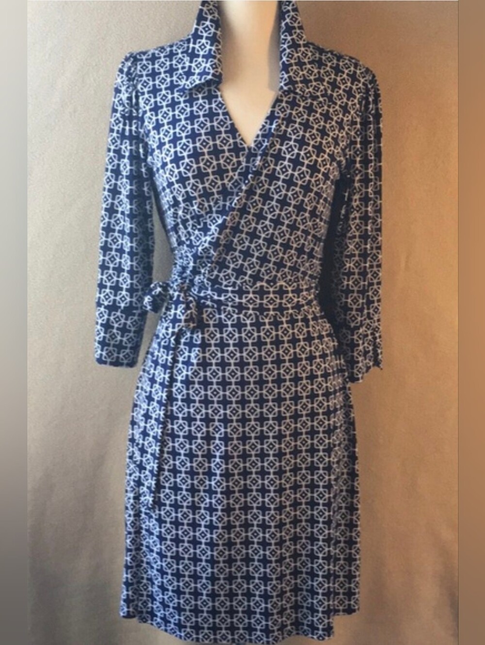 Laundry by Shelli Segal Geo Print 3/4 Sleeve Jersey Wrap Dress Sz M
